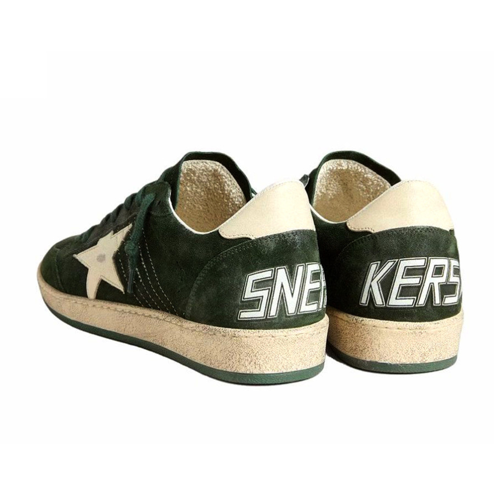 Women's Golden Goose Ball Star Green suede with White leather star and White heel tab