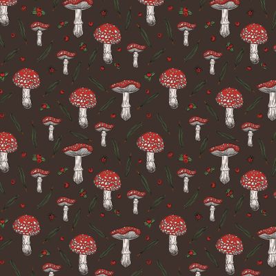 Мухоморы, ягоды, сосновые иголки и божьи коровки на темном фоне