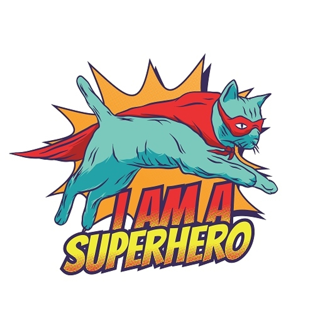 принт PewPewCat I am a superhero для белой футболки