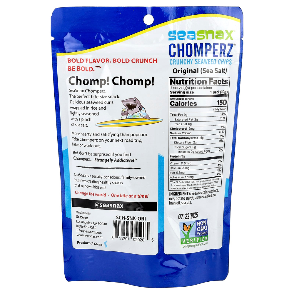 SeaSnax, Chomperz, хрустящие чипсы из морских водорослей, оригинальный вкус, 1 унция (30 г)