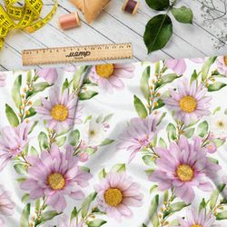 Ткань лён нежные розовые цветы и акварельные листья на белом фоне