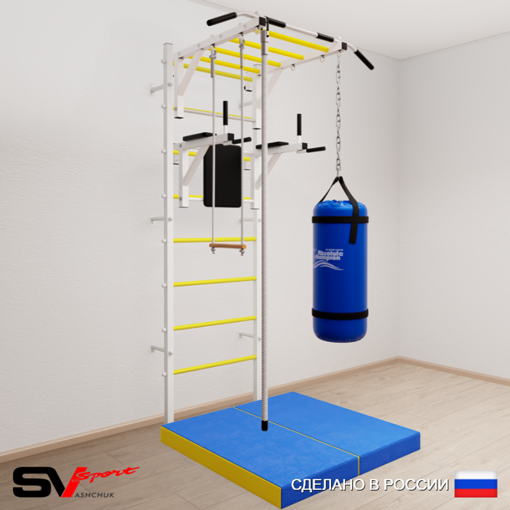 Шведская стенка Sv Sport усиленная 6465 (Турник рукоход/Брусья/Канат/Трапеция/Цепь/Мешок 15кг/Мат 1м)