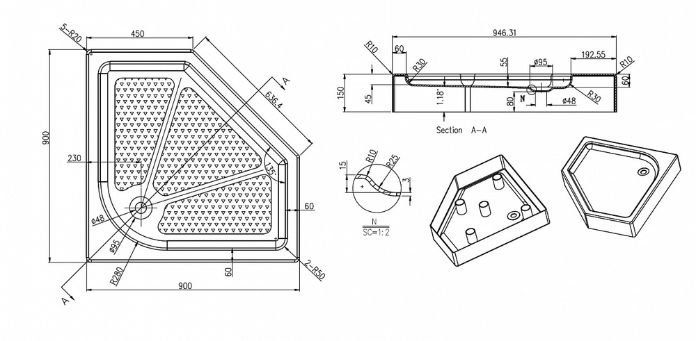 Поддон акриловый Azzario ONTARIO 90x90x15  P39 R/L  схема