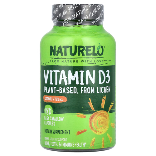 NATURELO, витамин D3, 125 мкг (5000 МЕ), 180 капсул, которые легко глотать