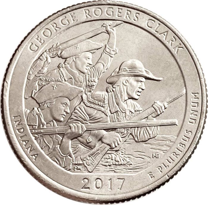 25 центов (1/4 доллара, квотер) 2017 США «Национальный парк имени Джорджа Роджерса Кларка» (D) (40-й парк) 25 центов (1/4 доллара, квотер) 2017 США «Национальный парк имени Джорджа Роджерса Кларка» (D) (40-й парк)