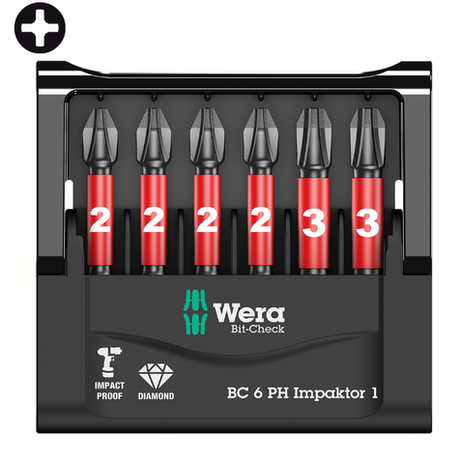 Набор 6 предметов БИТЫ ударные, алмаз Bit-Check 6 PH Impaktor 1 1/4" E6.3 WERA WE-057691