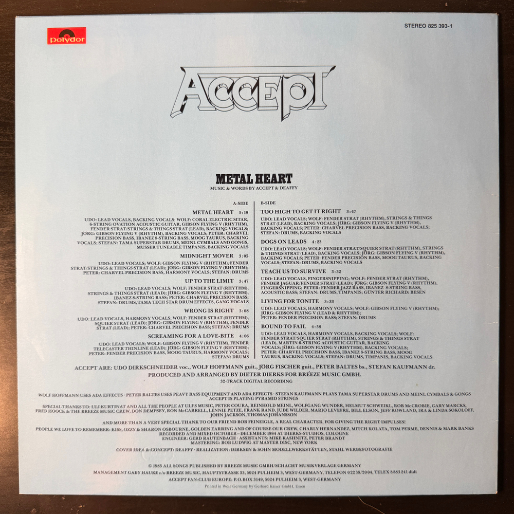 Accept ‎– Metal Heart (Германия 1985г.)