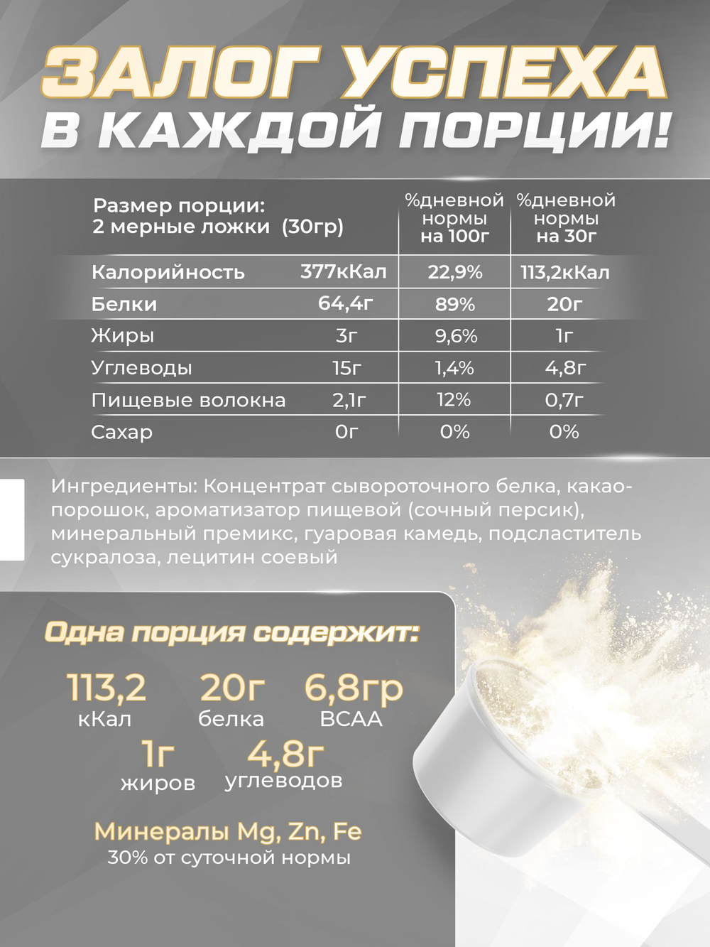 Протеин сывороточный со вкусом сочный персик, 900 гр 30 порций