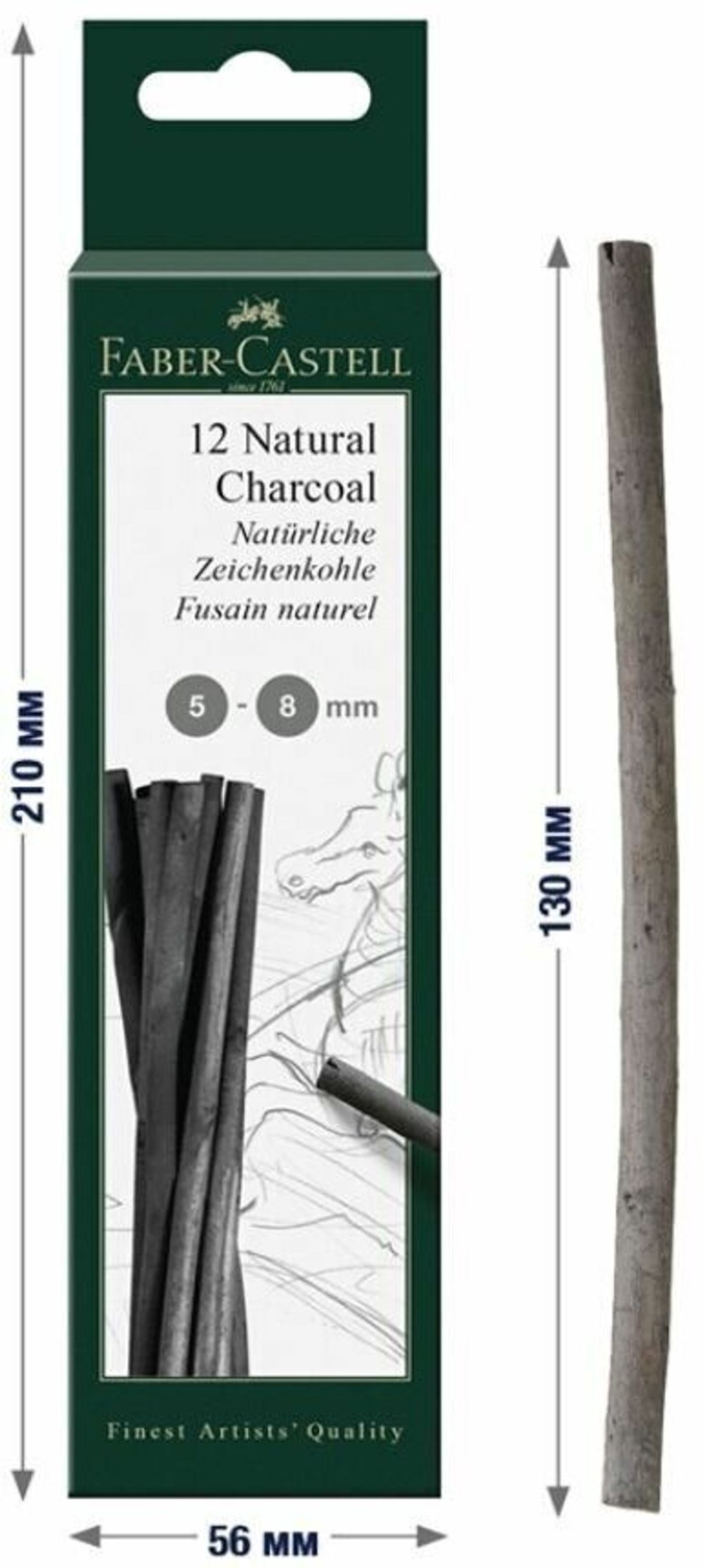 Уголь натуральный для рисования FABER-CASTELL, НАБОР 12 шт., "Pitt", толщина 5-8 мм, 129298