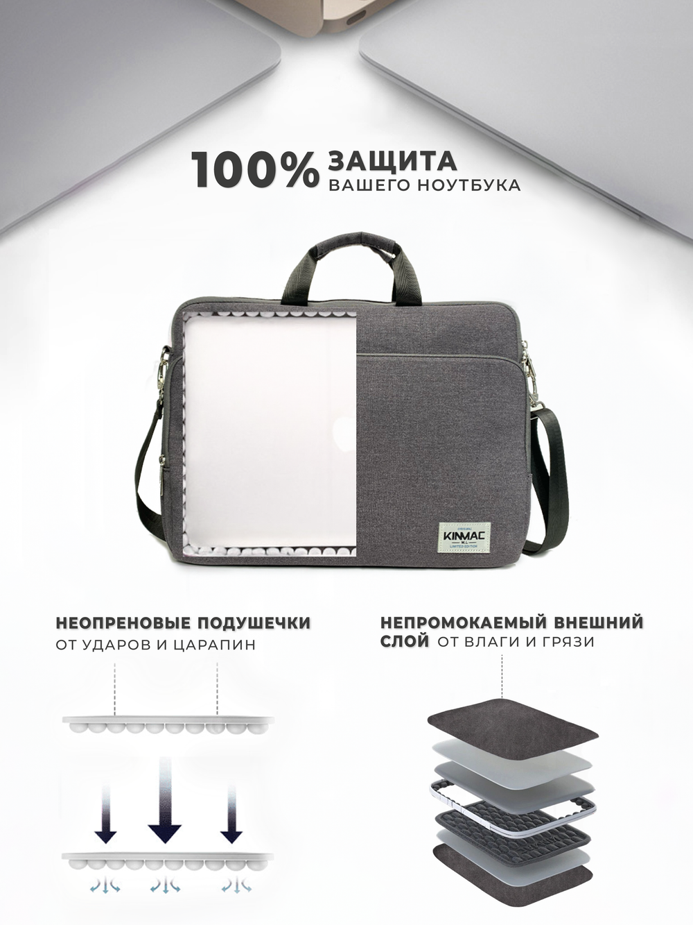 Сумка для ноутбука 15,6" и 17" с ремнем на плечо и большим карманом спереди (Серый)