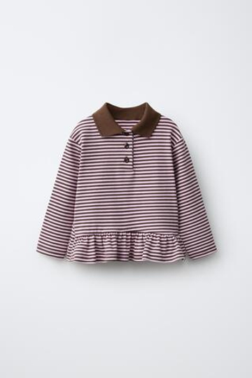 ZARA ПОЛО С БАСКОЙ В ПОЛОСКУ, ШОКОЛАДНО-КОРИЧНЕВЫЙ