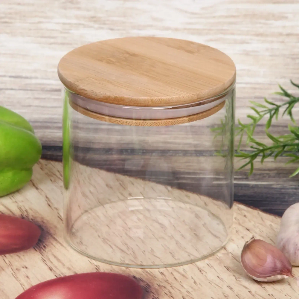 Банка для продуктов стеклянная 650мл «Хай-Тек» с бамбуковой крышкой 10*11см