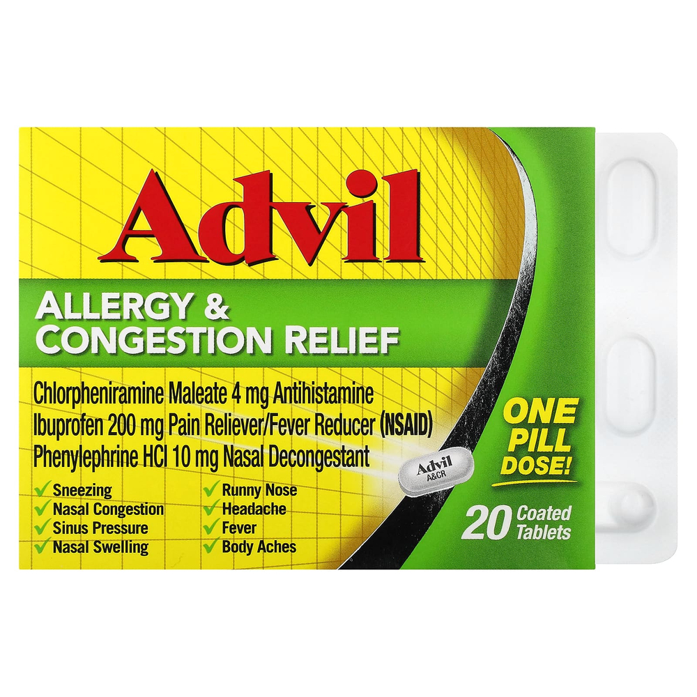 Advil, средство от аллергии и заложенности носа, 20 таблеток, покрытых оболочкой