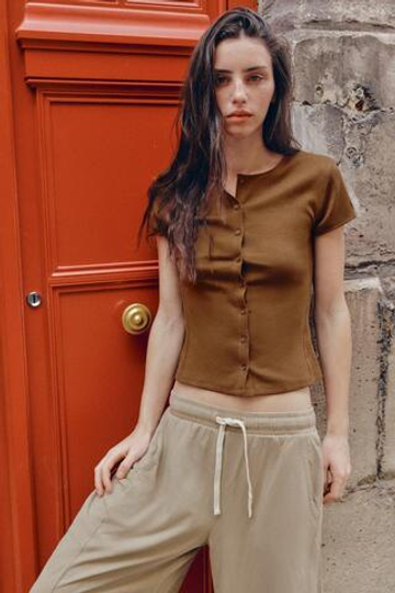 ZARA ФУТБОЛКА В РУБЧИК НА ПУГОВИЦАХ, КОРИЧНЕВЫЙ