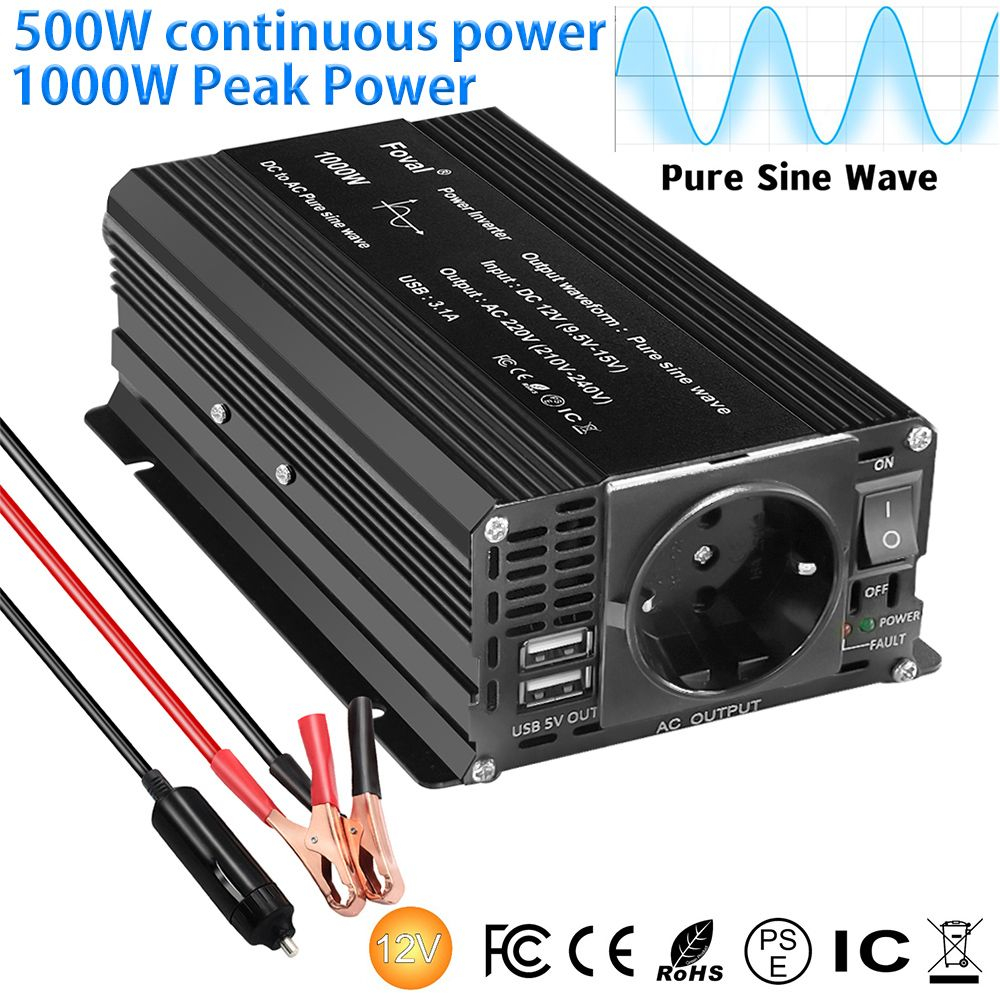 Инвертор 12V-220V 1000W черный Foval чистая синусоида