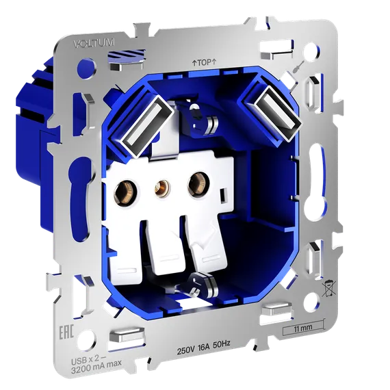 Механизм розетки с заземлением и защитными шторками , с USB A+A Voltum S70 VLS0404M