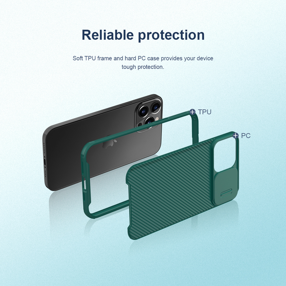 Чехол зеленого цвета (Deep Green) с сдвижной шторкой для камеры от Nillkin для iPhone 13 Pro Max, серия CamShield Pro Case