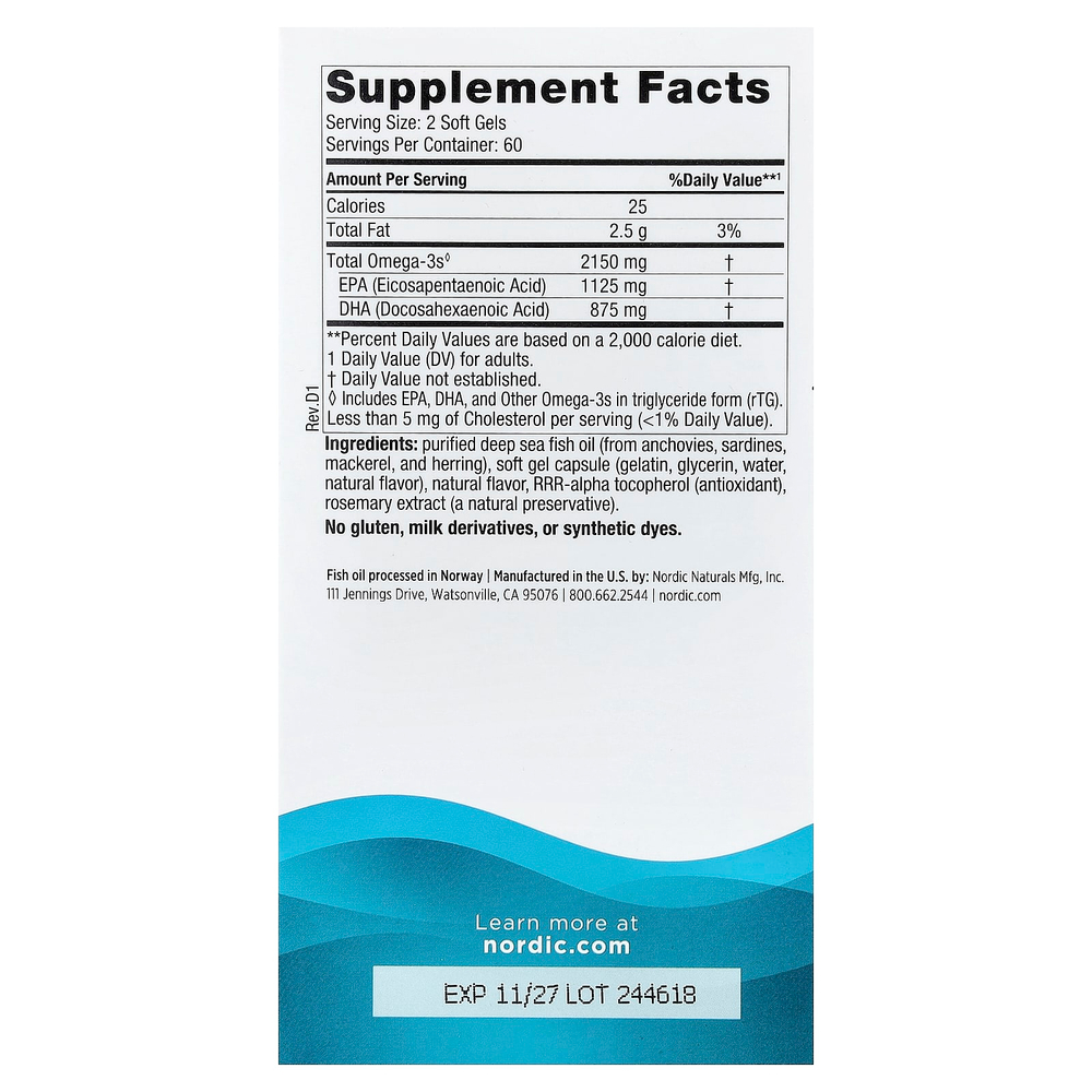Nordic Naturals, Ultimate Omega® 2X, омега-3, лимон, 120 капсул (1075 мг в капсуле)