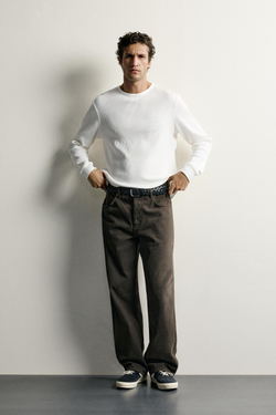 ZARA ФУТБОЛКА REGULAR FIT ИЗ ВАФЕЛЬНОГО ТРИКОТАЖА, ЖЕЛТОВАТО-БЕЛЫЙ