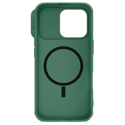 Чехол зеленого цвета (Dark Green) от Nillkin c поддержкой магнитной зарядки MagSafe для iPhone 16 Pro, с защитной шторкой камеры, серия CamShield Pro Magnetic