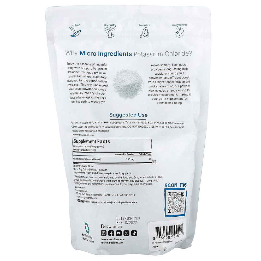 Micro Ingredients, хлорид калия, 1 кг (2,2 фунта)