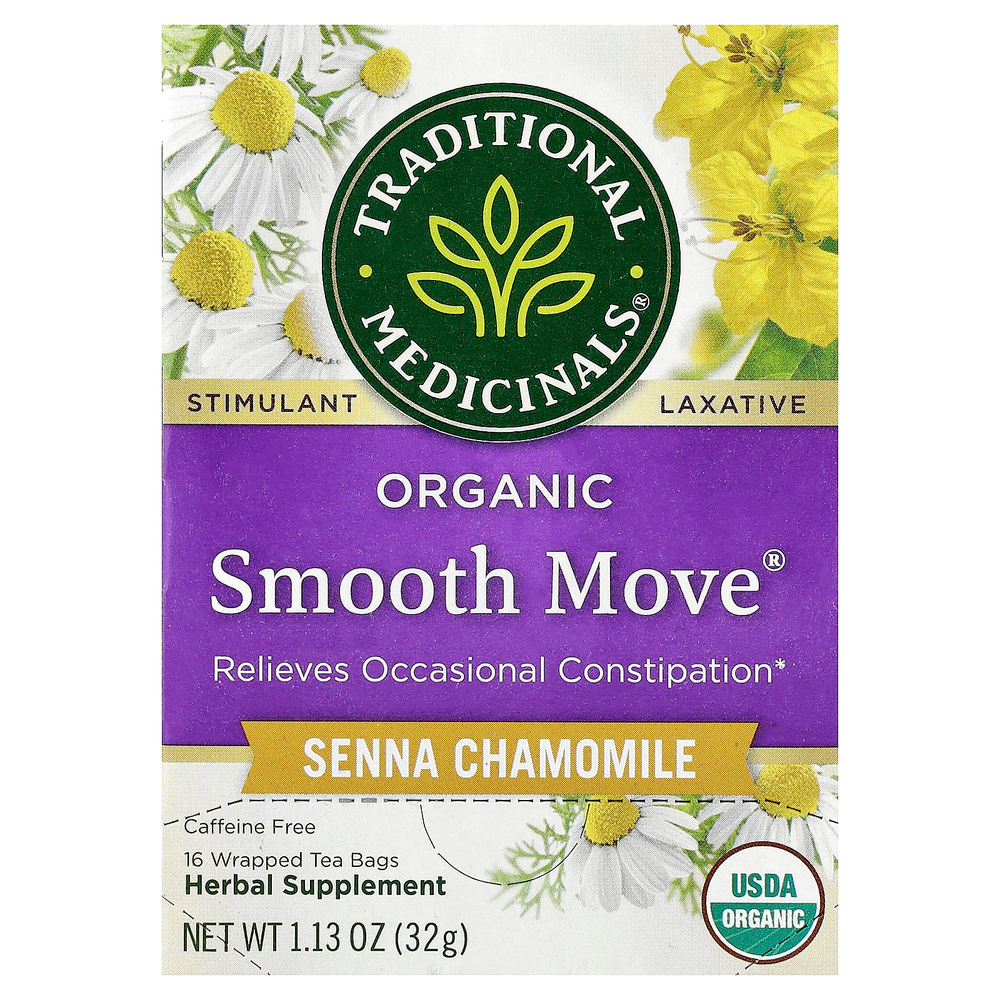 Traditional Medicinals, Organic Smooth Move®, сенна и ромашка, без кофеина, 16 упакованных чайных пакетиков, 32 г (1,13 унции)