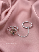 Кольцо двойное серебристое с цепью и камнем