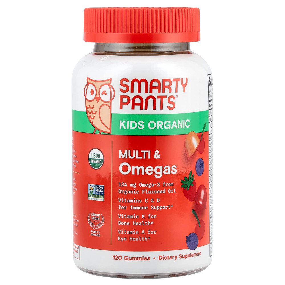 SmartyPants, органические мультивитамины и омега-кислоты для детей, со вкусом ягод и вишни, 120 жевательных таблеток