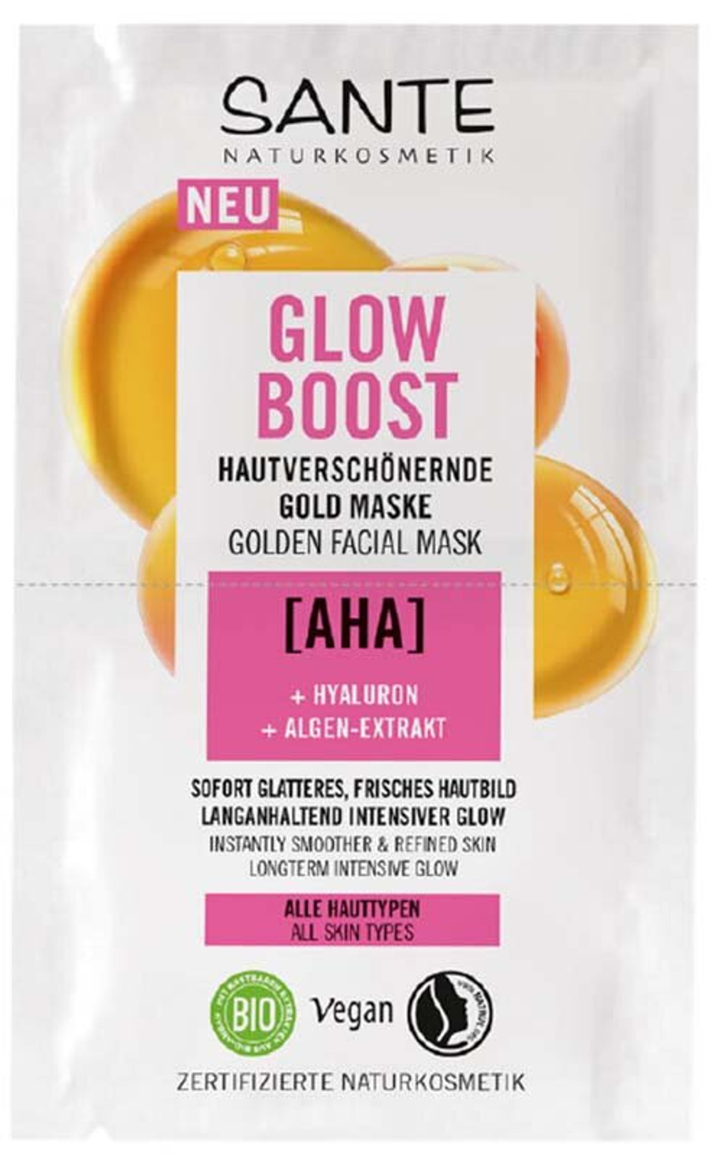 Золотая маска Glow Boost для улучшения состояния кожи с AHA-кислотами Sante, 8 мл