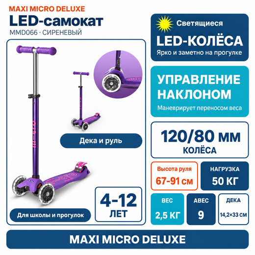 Самокат Maxi Micro Deluxe LED Сиреневый