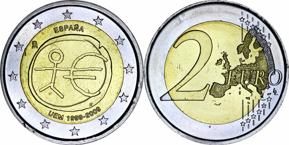 Испания 2 евро, 2009 10 лет монетарной политики ЕС (EMU) и введения евро XF