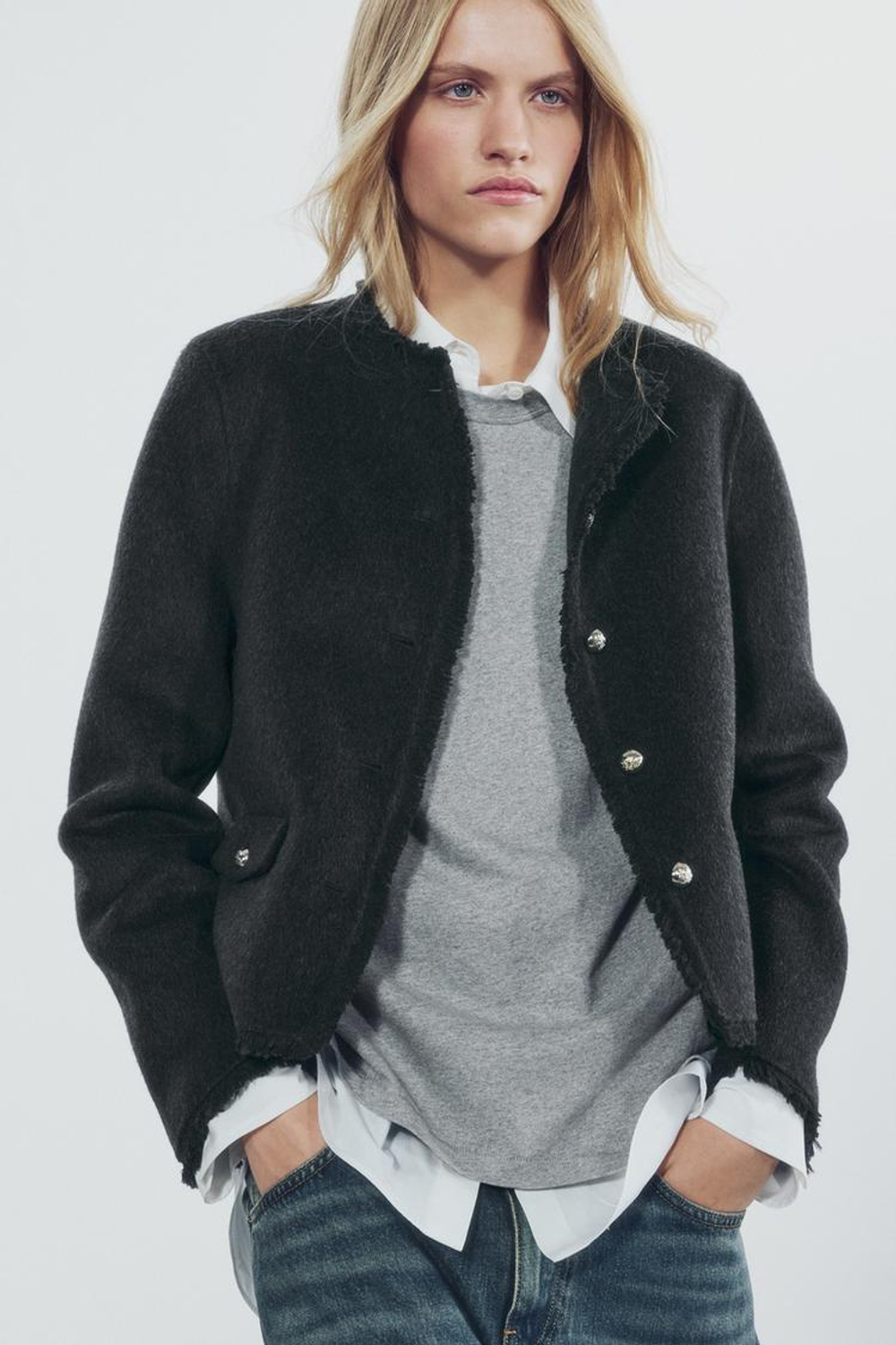 ZARA БЛЕЙЗЕР ИЗ СМЕСОВОЙ ШЕРСТИ — ZW COLLECTION, ТЕМНО-СЕРЫЙ