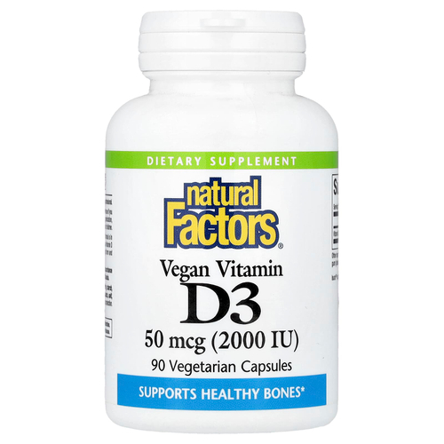 Natural Factors, Веганский витамин D3, 50 мкг (2000 МЕ), 90 вегетарианских капсул