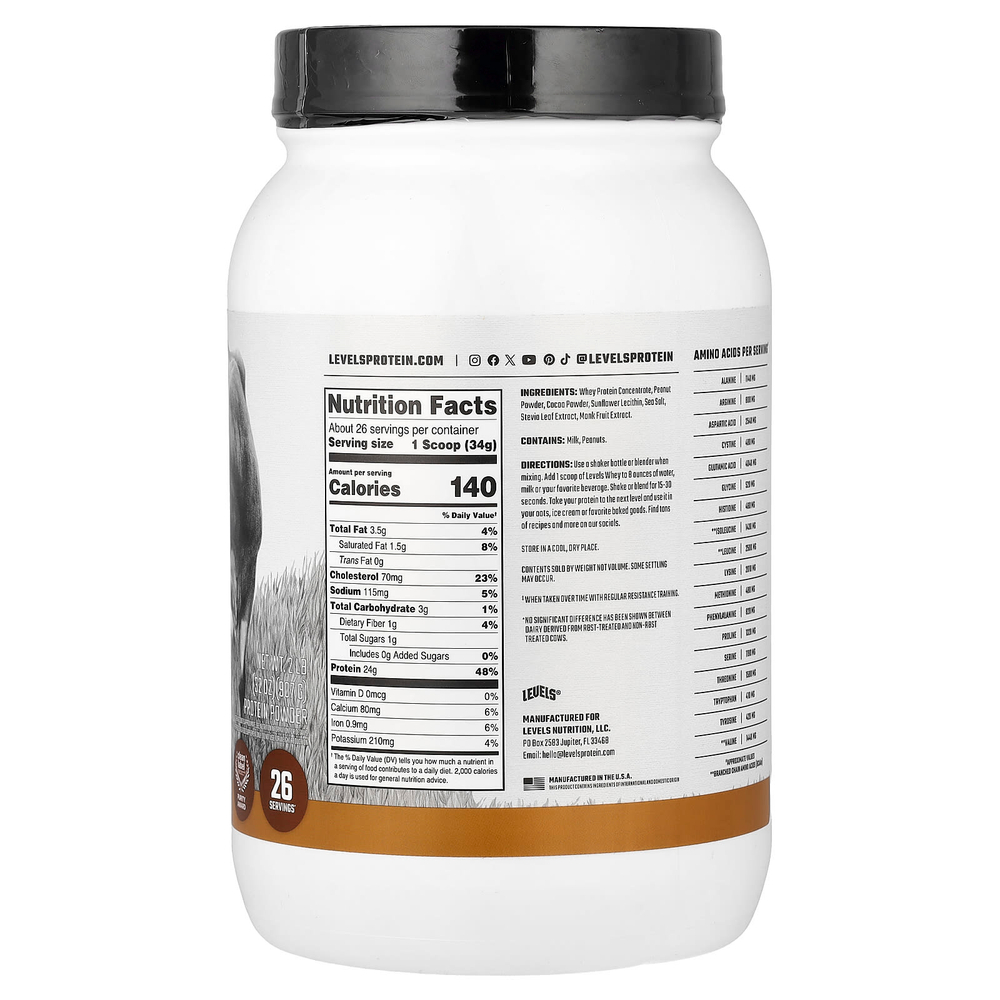 Levels, Порошок сывороточного протеина Grass Fed, шоколад и арахисовая паста, 907 г (2 фунта)