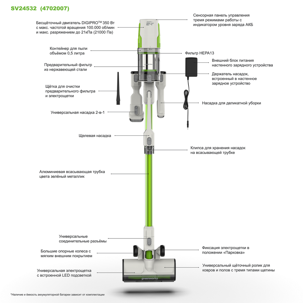 Пылесос вертикальный акк. Greenworks SV24532, 24V, б/щет, 350 Вт, 21 кПа, электрощетка, 3 насадки, LED, белый+зеленый, без АКБ с ЗУ (4702007)