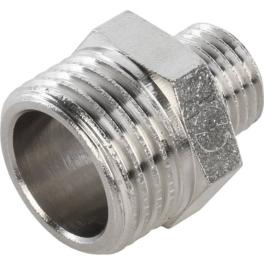 Ниппель редукционный STOUT SFT 0004 - 1/2" x 1/4" (для стальных труб, латунь никелированная)