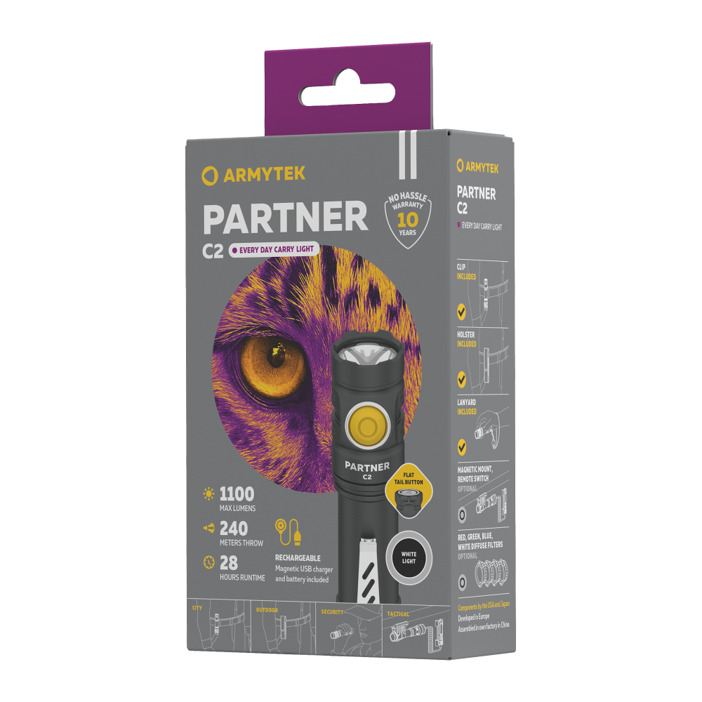 Фонарь светодиодный тактический Armytek Partner C2 Magnet USB, холодный свет, 1100 лм, аккумулятор