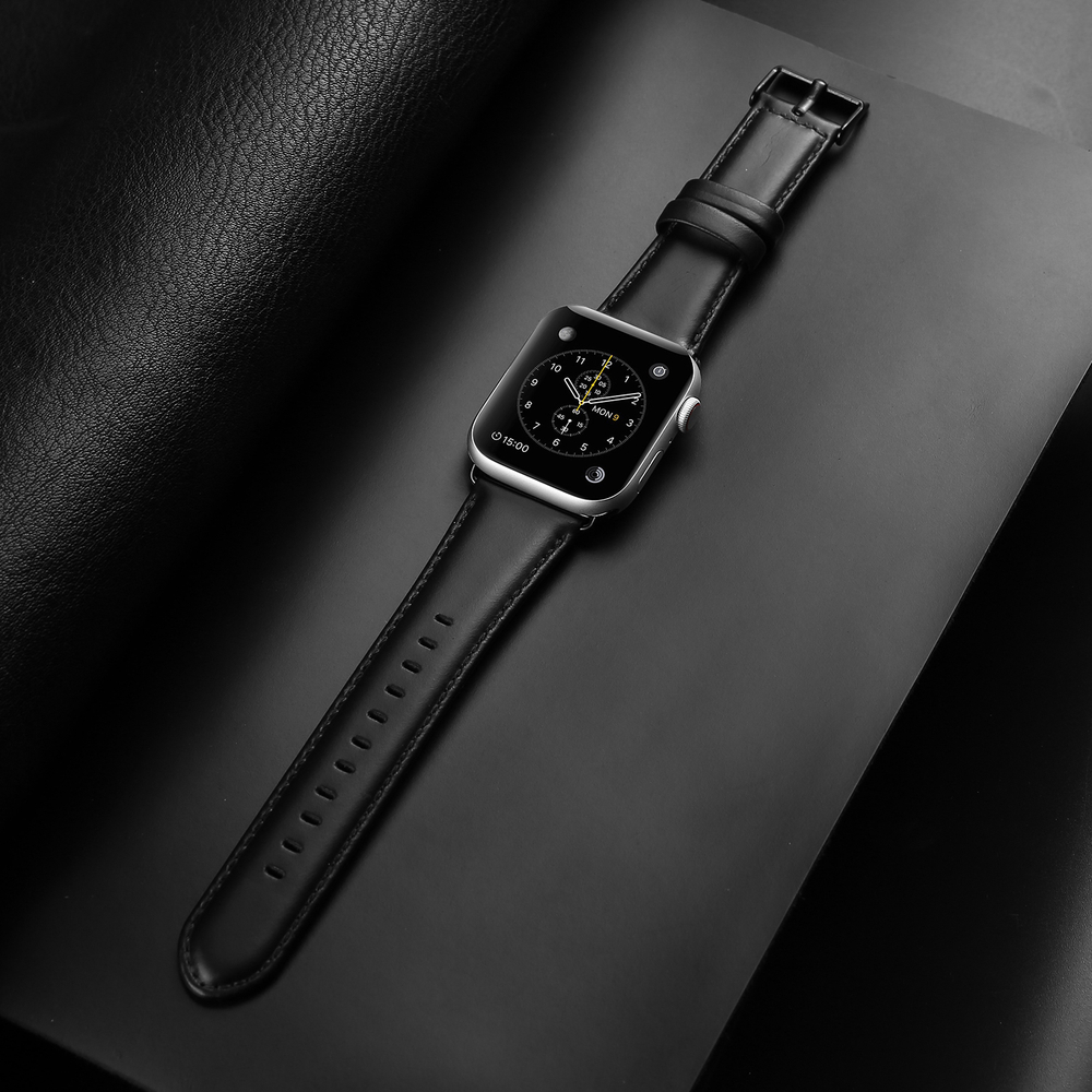 Ремешок из натуральной кожи черного цвета от Dux Ducis для смарт часов Apple Watch 42, 44, 45, 46, 49мм, серия Business Series
