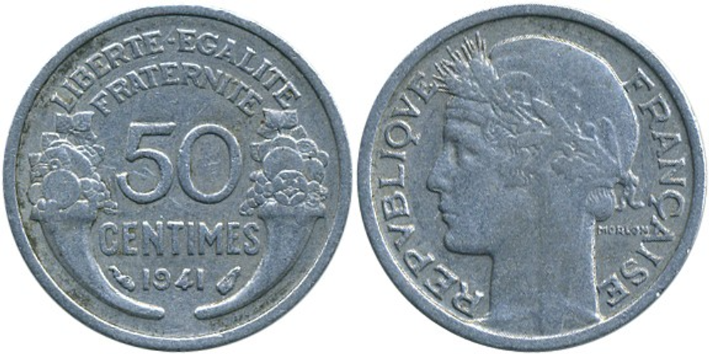 Франция 50 сантимов, 1941 - 1947 Марина XF