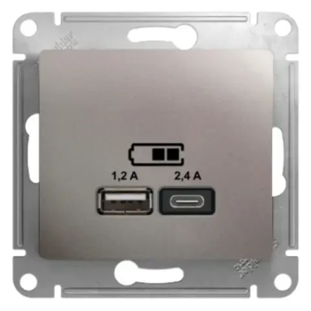 GLOSSA USB РОЗЕТКА А+С, 5В/2,4А, 2х5В/1,2А, механизм, ПЛАТИНА