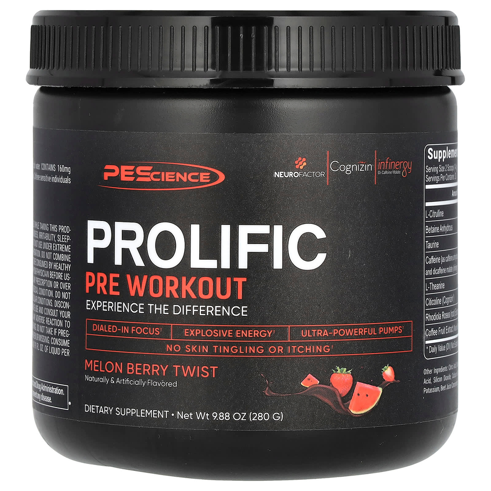 PEScience, Prolific, перед тренировкой, со вкусом дыни и ягод, 280 г (9,88 унции)