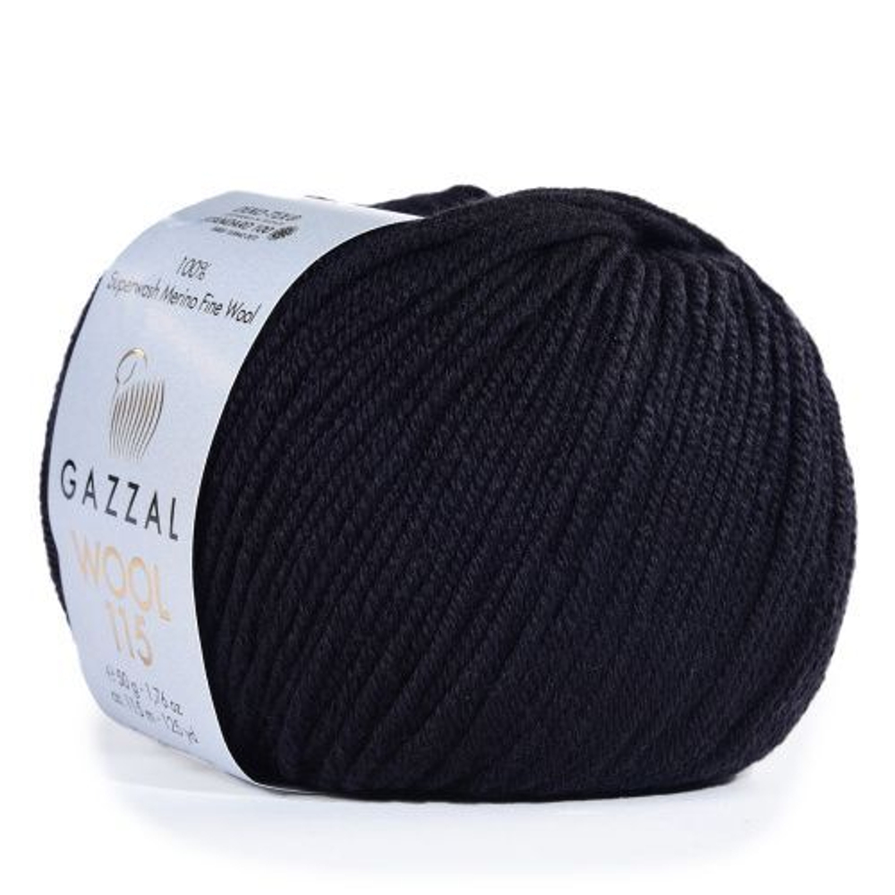 Пряжа GAZZAL Wool 115 цвет 3307 черный 50 гр. 115 м 100% тонкая шерсть мериноса супервош