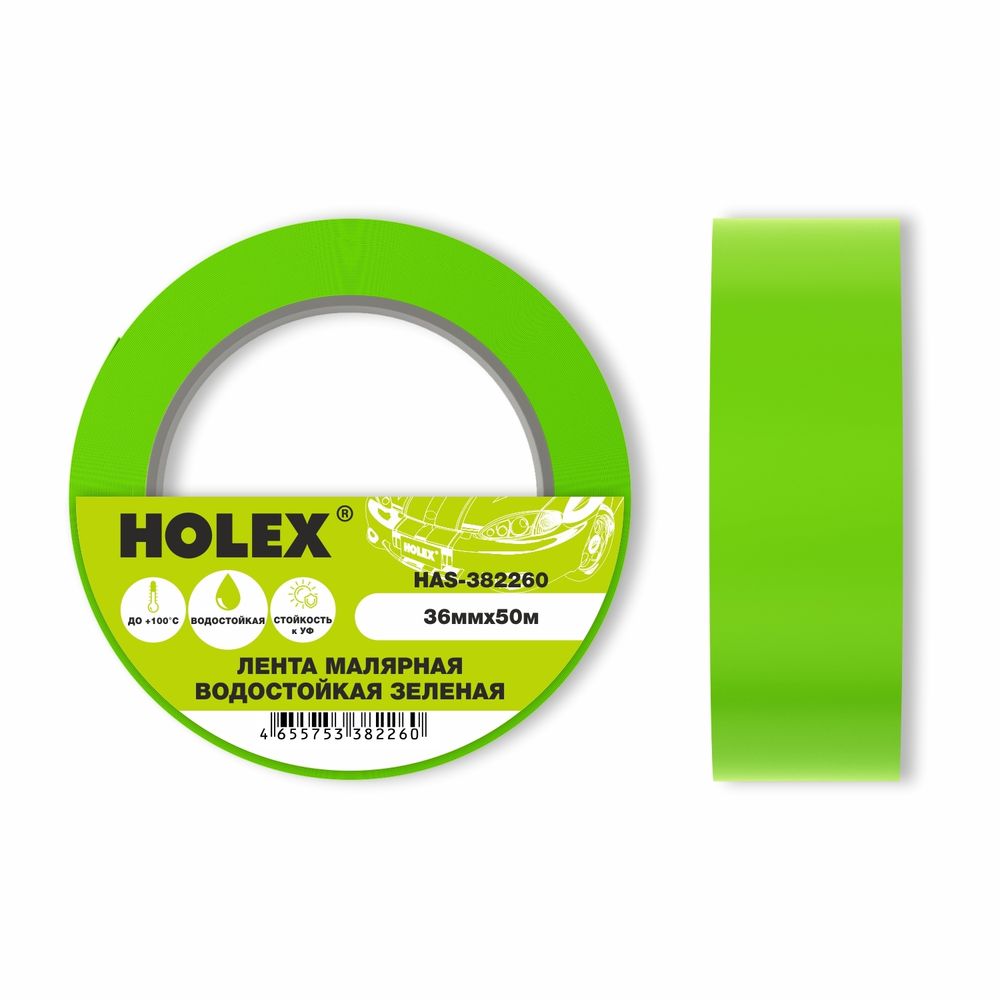 Лента малярная жарастойкая до 100 с зеленая водост. 36мм*50м Holex Лента малярная жарастойкая до 100 с зеленая водост. 36мм*50м Holex