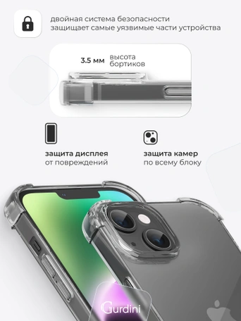 Чехол накладка iPhone 14/13 6.1" Gurdini силикон противоударный прозрачный