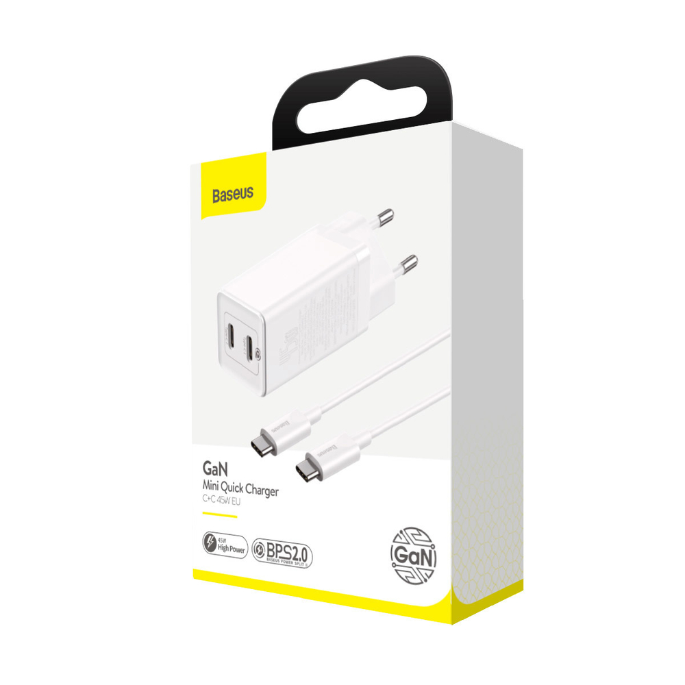 Зарядное устройство + Кабель Baseus GaN Mini Quick Charger C+C 45W - White