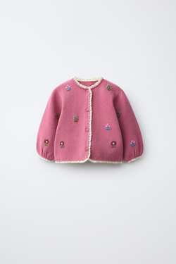 ZARA КАРДИГАН С ВЫШИТЫМИ ЦВЕТАМИ, РОЗОВАТЫЙ