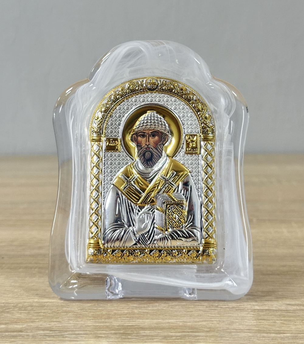 Спиридон, икона арочная, белое муранское стекло 65х85