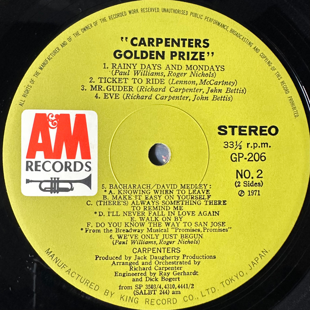 Carpenters ‎– Carpenters Golden Prize (Япония 1971г.)