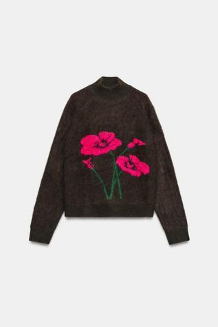 ZARA СВИТЕР С ЦВЕТОЧНЫМ УЗОРОМ, КОРИЧНЕВЫЙ