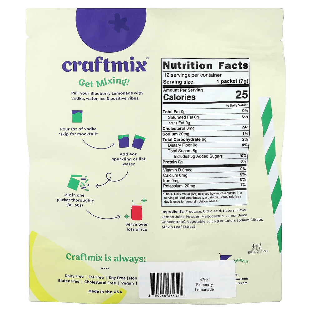 Craftmix, лимонад из голубики, 12 пакетиков, 7 г (0,25 унции) каждый